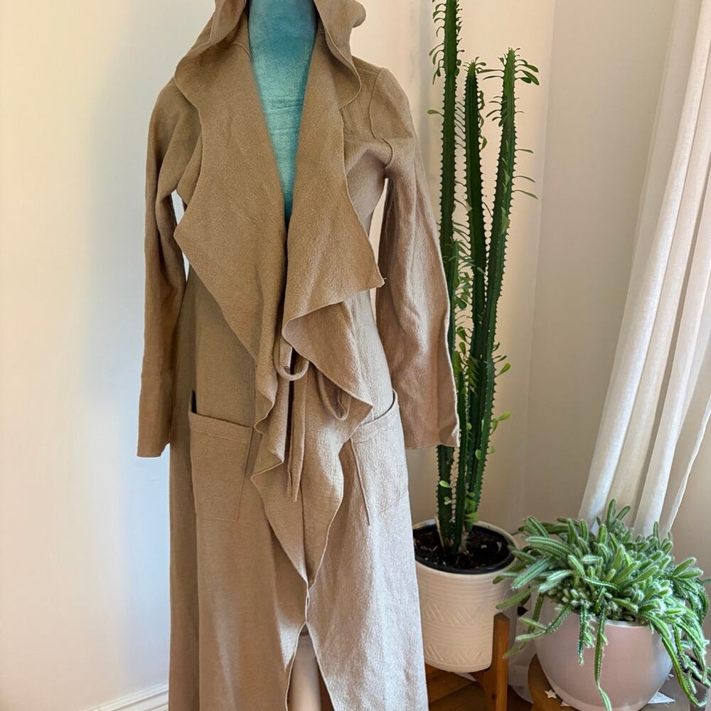 XCVI 100% Wool Hooded Waterfall Duster Cardigan Tan Lagenlook S quiet luxury
